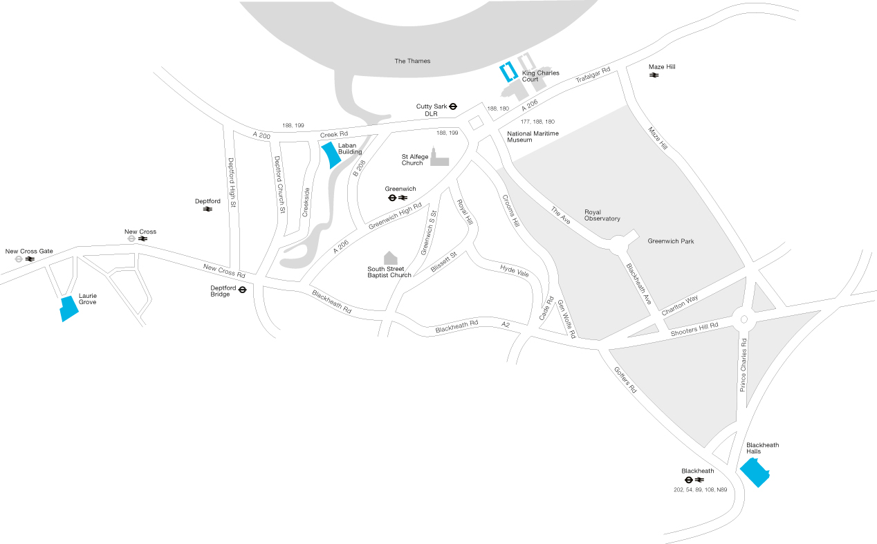 Map of Trinity Laban faculties