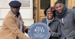 Dele, Juliet and Jack holding Fela Kut Black Plaque outside King Charles Court