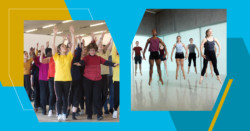 Collage image featuring a group of dancers of varying ages in colour tops and black trousers with their arms raised (left) a mixed gender group of dancers in a studio facing forward and jumping with legs apart and pointed toes (right)